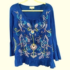 Dark Blue Colorful Embroidered Loose Fit Ruffle Top Size Large